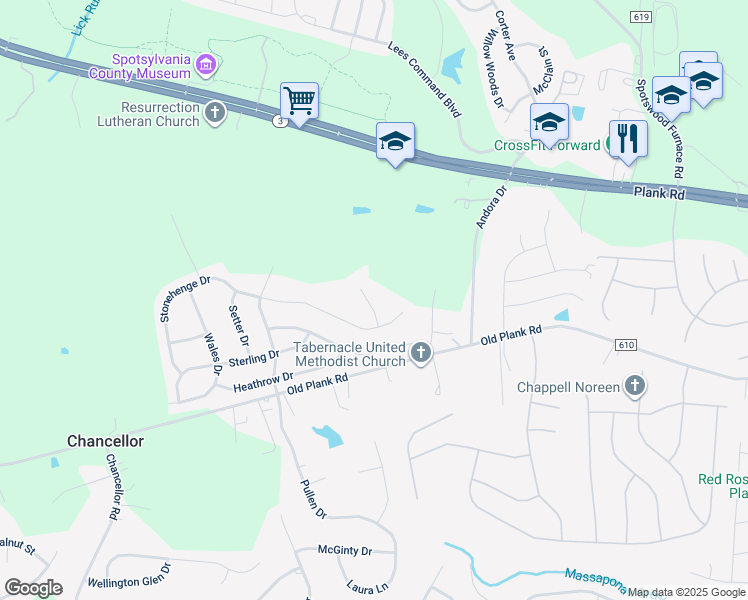 map of restaurants, bars, coffee shops, grocery stores, and more near 12107 Knight Court in Fredericksburg
