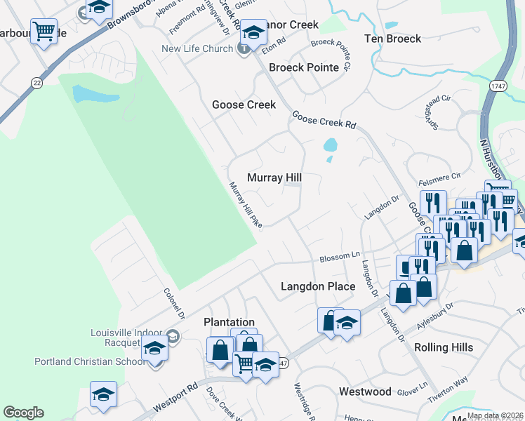 map of restaurants, bars, coffee shops, grocery stores, and more near 3103 Stonington Court in Louisville