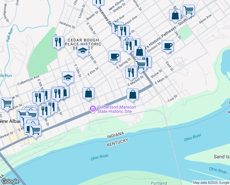 map of restaurants, bars, coffee shops, grocery stores, and more near 216 East 13th Street in New Albany