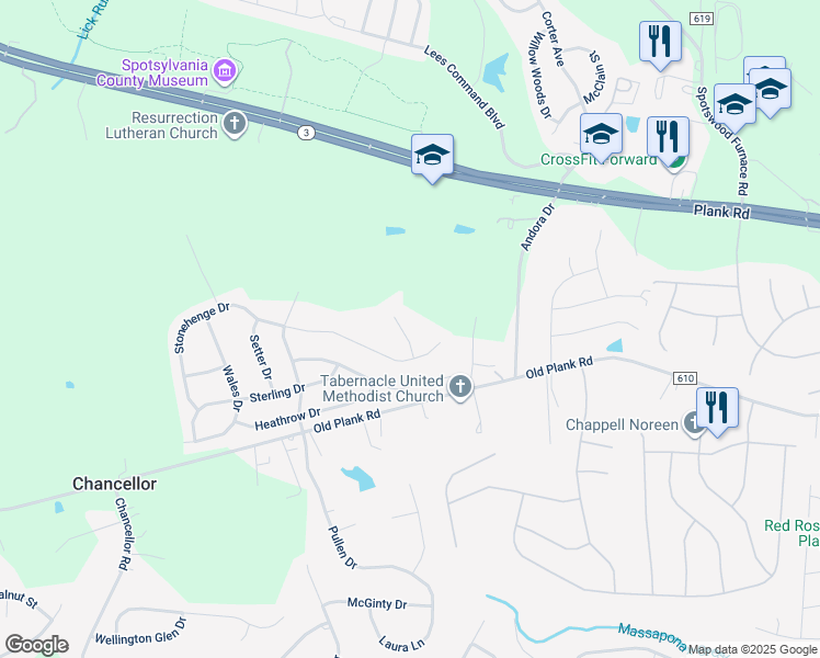 map of restaurants, bars, coffee shops, grocery stores, and more near 12107 Knight Court in Fredericksburg