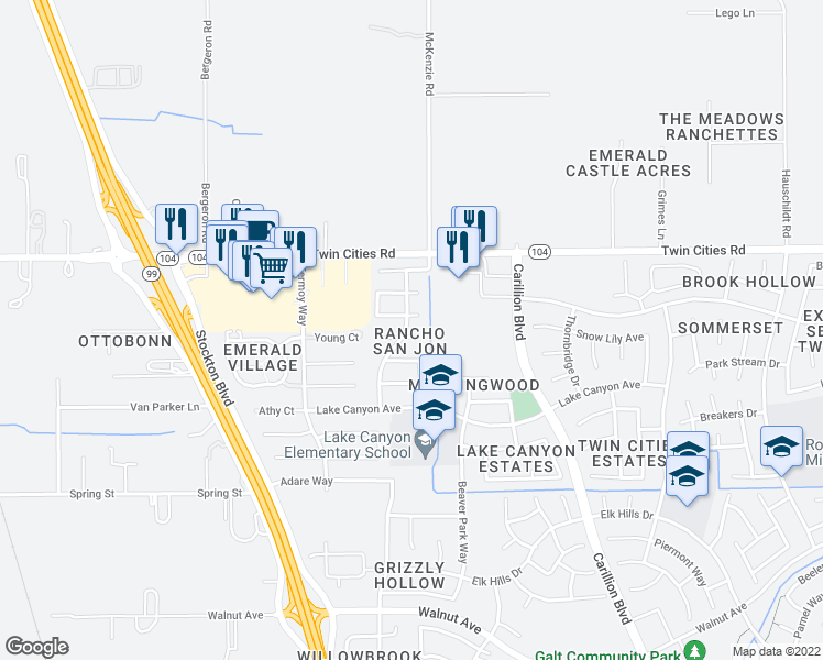 map of restaurants, bars, coffee shops, grocery stores, and more near 791 Oldenburg Way in Galt