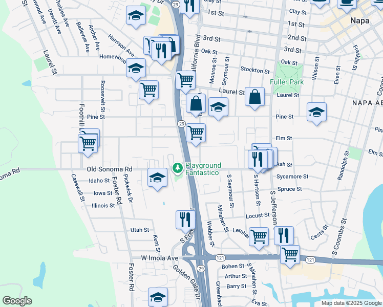 map of restaurants, bars, coffee shops, grocery stores, and more near 223 Walnut Street in Napa