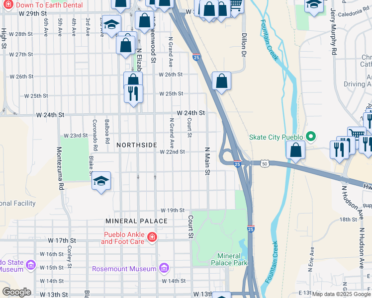 map of restaurants, bars, coffee shops, grocery stores, and more near 2222 North Grand Avenue in Pueblo