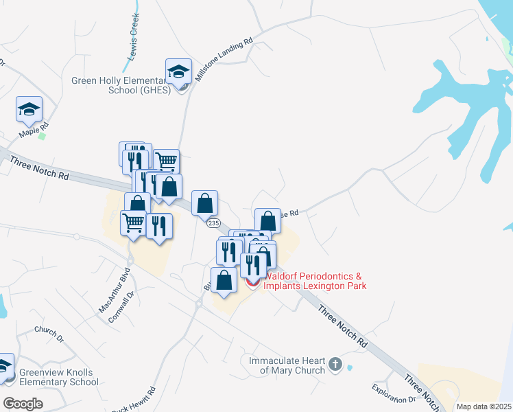 map of restaurants, bars, coffee shops, grocery stores, and more near 22644 Rue Woods Drive in Lexington Park