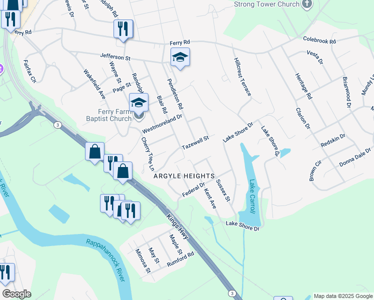 map of restaurants, bars, coffee shops, grocery stores, and more near 1 Tazewell Street in Fredericksburg