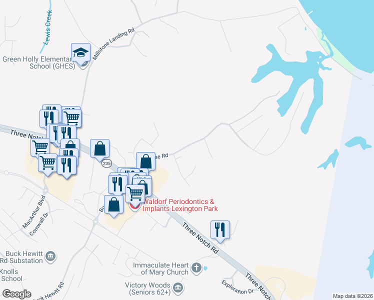 map of restaurants, bars, coffee shops, grocery stores, and more near 46307 Rue Purchase Road in Lexington Park