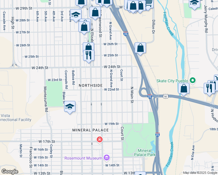 map of restaurants, bars, coffee shops, grocery stores, and more near 2201 North Grand Avenue in Pueblo