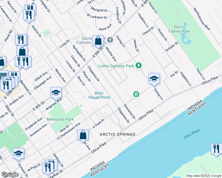 map of restaurants, bars, coffee shops, grocery stores, and more near 505 Kewanna Drive in Jeffersonville