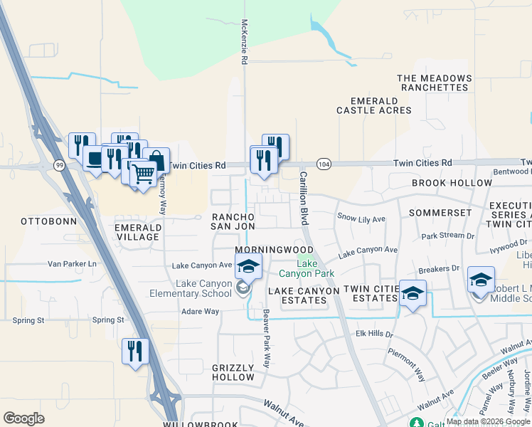 map of restaurants, bars, coffee shops, grocery stores, and more near 798 Trakhaner Court in Galt