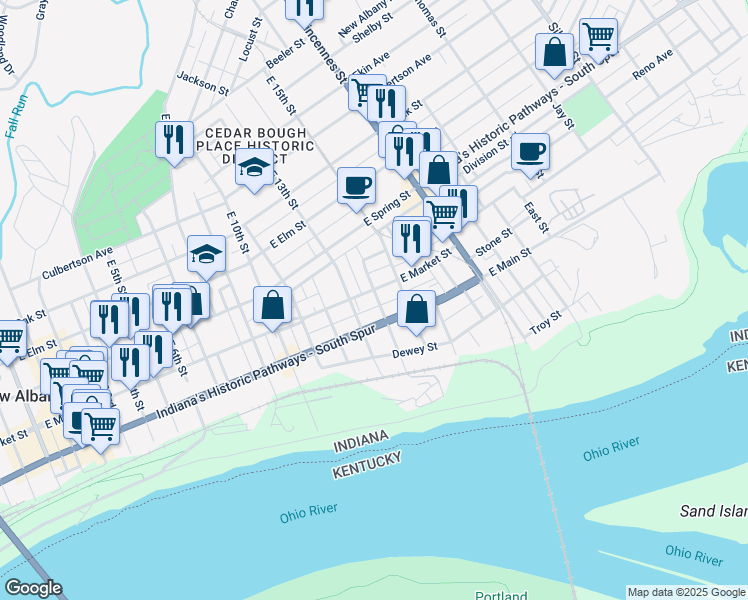 map of restaurants, bars, coffee shops, grocery stores, and more near 1320 East Market Street in New Albany