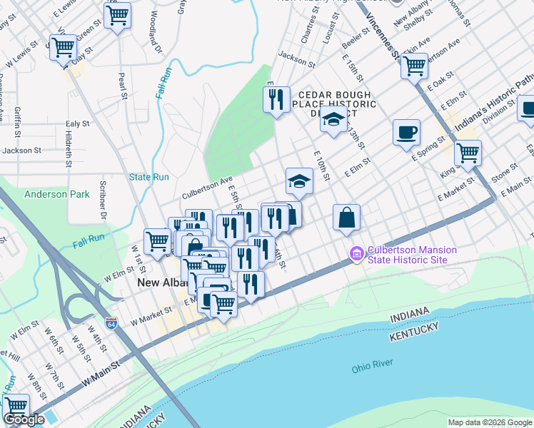 map of restaurants, bars, coffee shops, grocery stores, and more near 609 E Elm St in New Albany