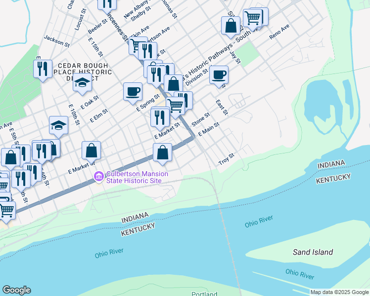 map of restaurants, bars, coffee shops, grocery stores, and more near 1611 East Main Street in New Albany