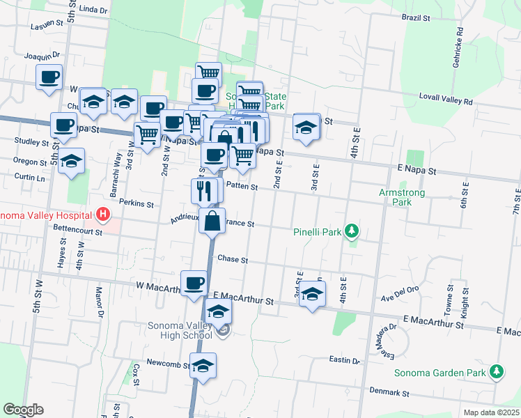 map of restaurants, bars, coffee shops, grocery stores, and more near 656 Austin Avenue in Sonoma