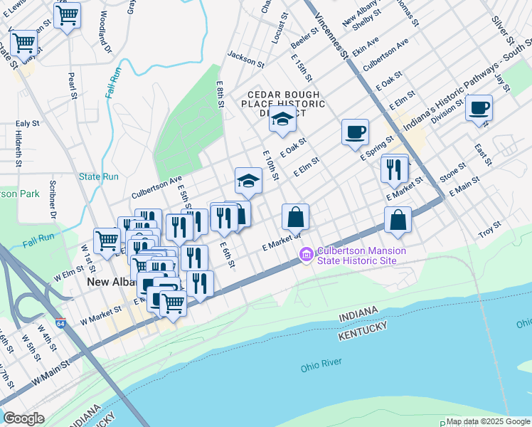 map of restaurants, bars, coffee shops, grocery stores, and more near 520 East Spring Street in New Albany