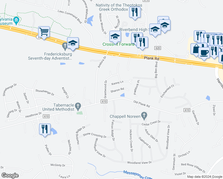 map of restaurants, bars, coffee shops, grocery stores, and more near 7111 Sharon Road in Fredericksburg