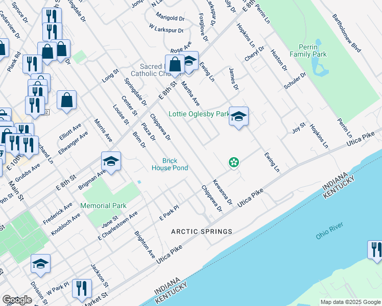map of restaurants, bars, coffee shops, grocery stores, and more near 505 Kewanna Drive in Jeffersonville