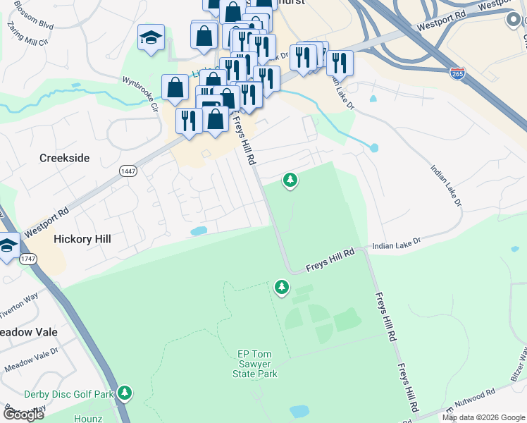 map of restaurants, bars, coffee shops, grocery stores, and more near 3016 Freys Hill Road in Louisville