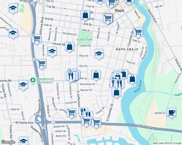 map of restaurants, bars, coffee shops, grocery stores, and more near 126 South Seminary Street in Napa