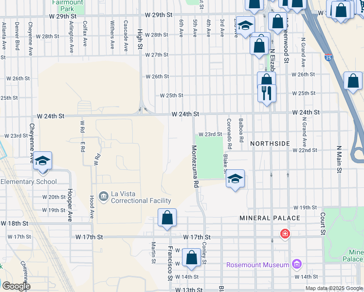 map of restaurants, bars, coffee shops, grocery stores, and more near 2216 7th Avenue in Pueblo