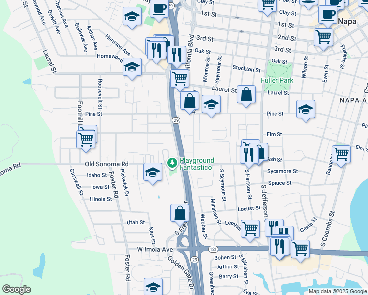 map of restaurants, bars, coffee shops, grocery stores, and more near 223 Walnut Street in Napa