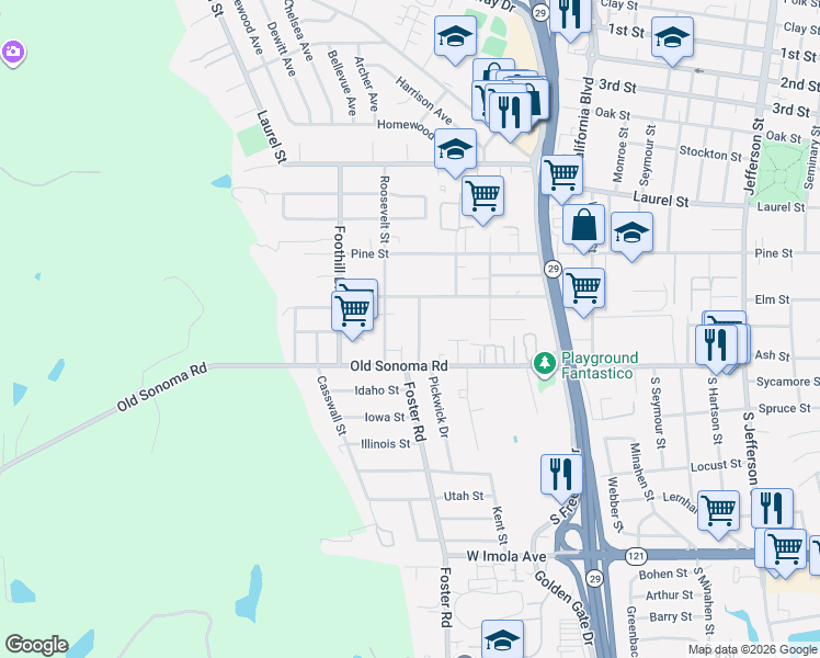 map of restaurants, bars, coffee shops, grocery stores, and more near 168 Almond Avenue in Napa