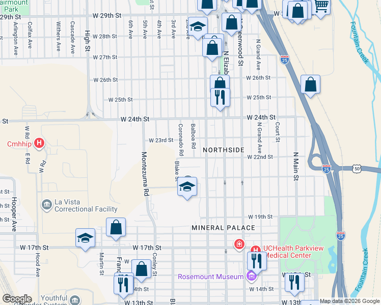 map of restaurants, bars, coffee shops, grocery stores, and more near 2206 Balboa Road in Pueblo