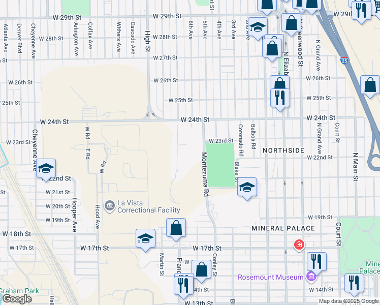 map of restaurants, bars, coffee shops, grocery stores, and more near 2216 7th Avenue in Pueblo