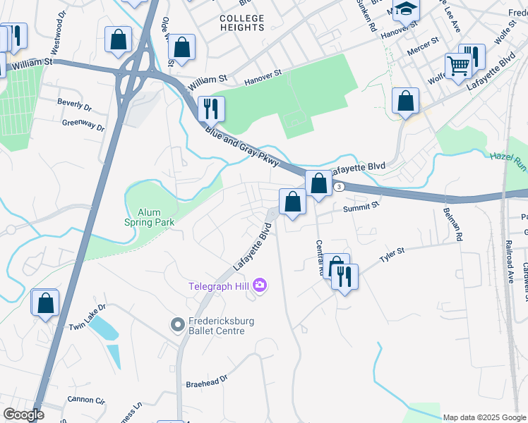 map of restaurants, bars, coffee shops, grocery stores, and more near 1018 Rampart Drive in Fredericksburg