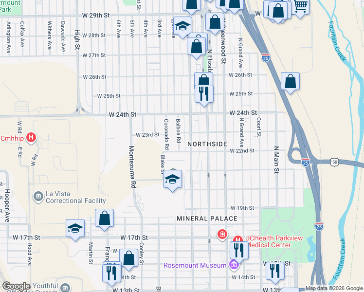 map of restaurants, bars, coffee shops, grocery stores, and more near 2206 Balboa Road in Pueblo
