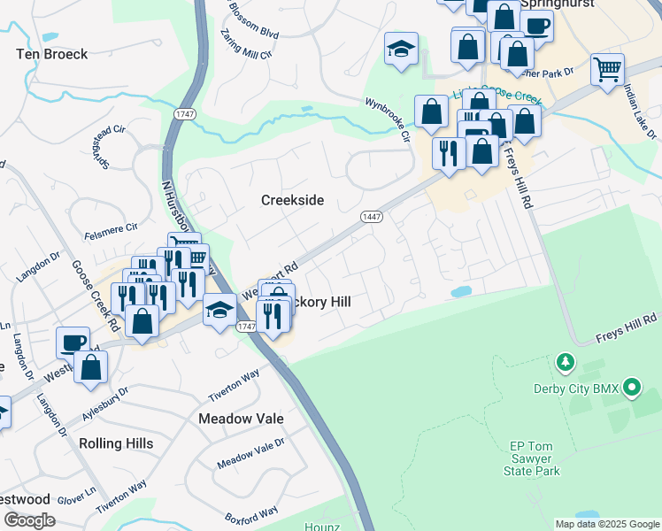 map of restaurants, bars, coffee shops, grocery stores, and more near 9902 Cypress Creek Drive in Louisville