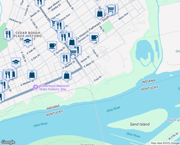 map of restaurants, bars, coffee shops, grocery stores, and more near 1713 Dewey Street in New Albany
