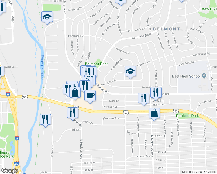 map of restaurants, bars, coffee shops, grocery stores, and more near 1108 Alexander Circle in Pueblo