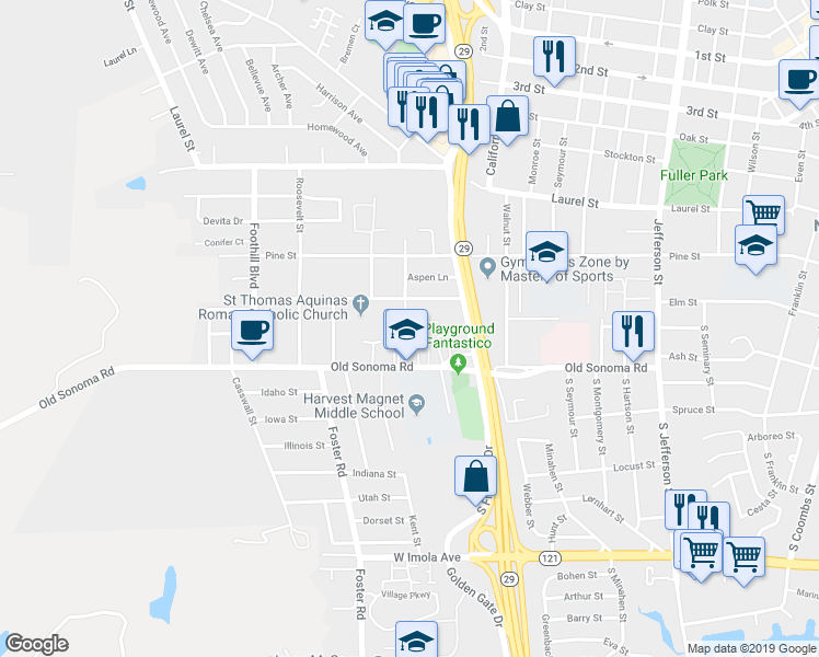 map of restaurants, bars, coffee shops, grocery stores, and more near 2591 Hawthorne Court in Napa