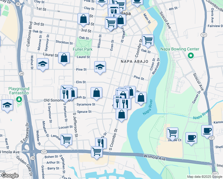 map of restaurants, bars, coffee shops, grocery stores, and more near 170 Franklin Street in Napa