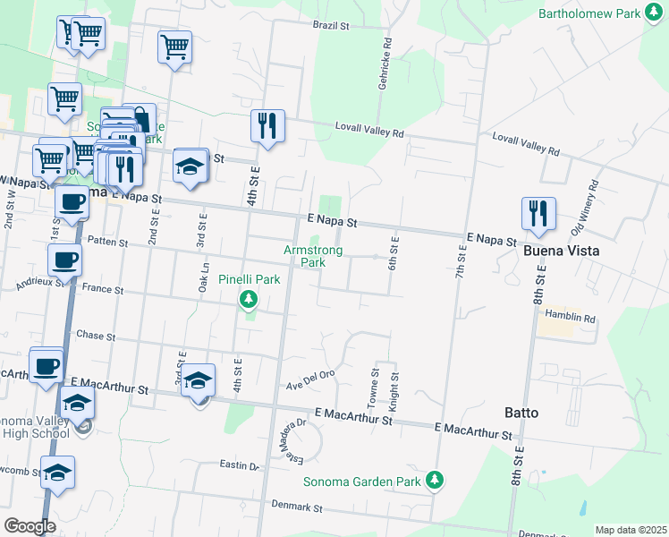 map of restaurants, bars, coffee shops, grocery stores, and more near 645 Charles Van Damme Way in Sonoma