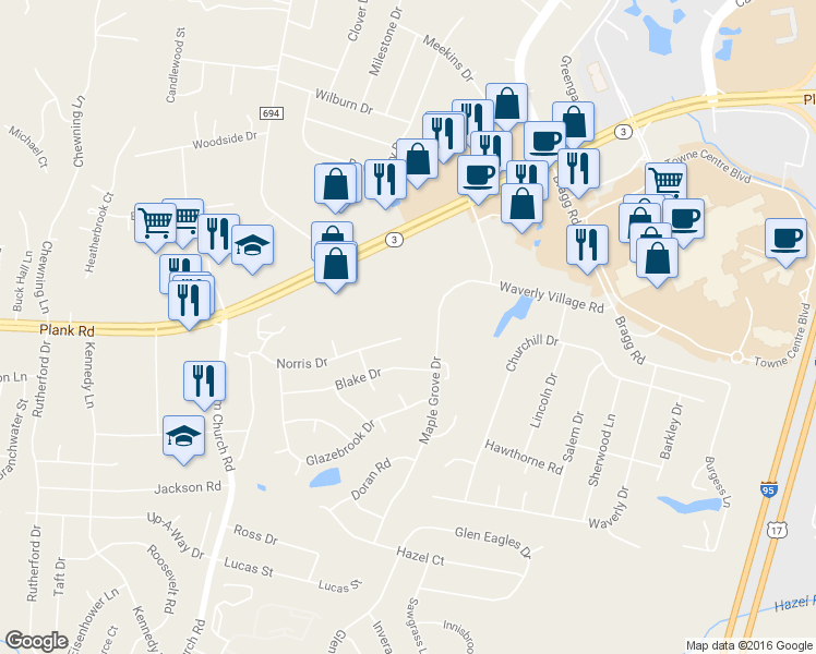map of restaurants, bars, coffee shops, grocery stores, and more near 3900 Norris Drive in Fredericksburg