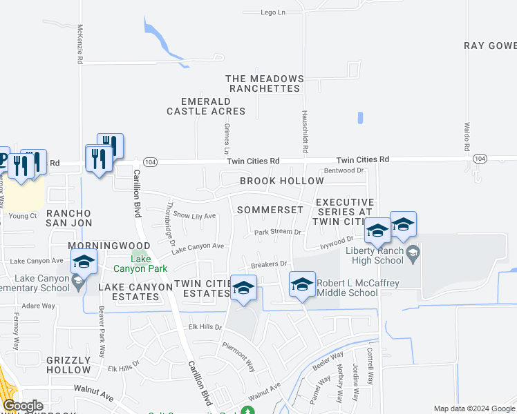 map of restaurants, bars, coffee shops, grocery stores, and more near 1184 Slidell Park Court in Galt