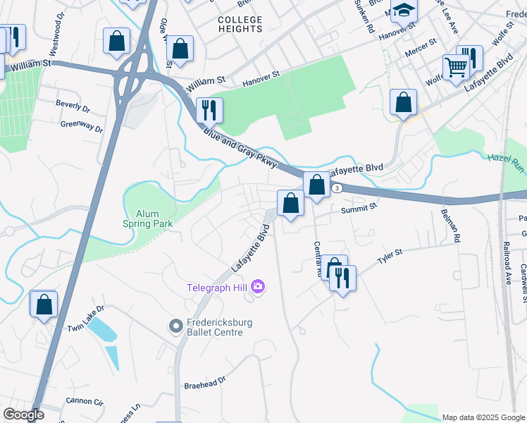 map of restaurants, bars, coffee shops, grocery stores, and more near 1018 Rampart Drive in Fredericksburg