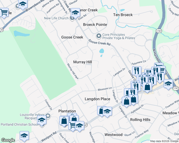 map of restaurants, bars, coffee shops, grocery stores, and more near 2908 Murray Hill Pike in Louisville