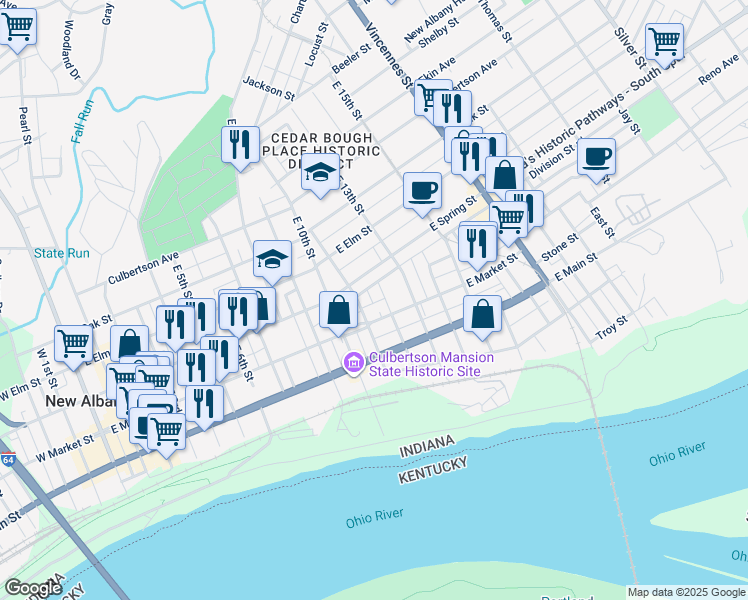 map of restaurants, bars, coffee shops, grocery stores, and more near 317 East 12th Street in New Albany