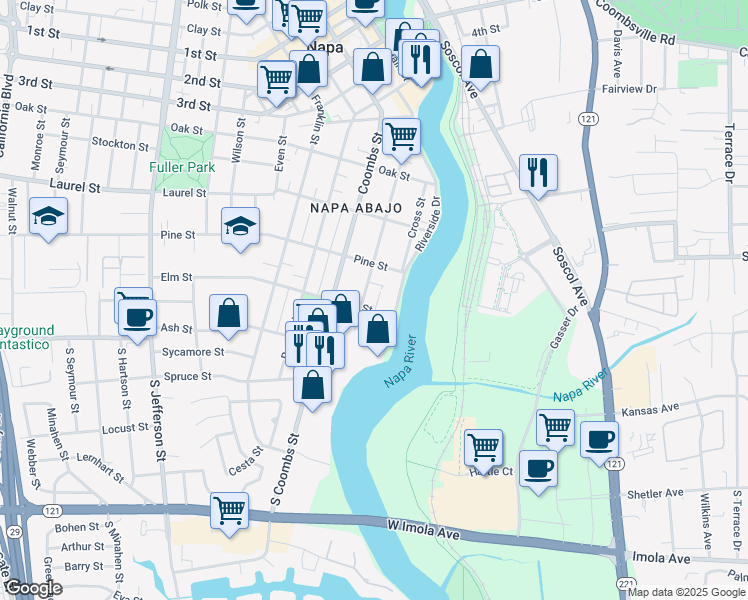 map of restaurants, bars, coffee shops, grocery stores, and more near 1050 Elm Street in Napa