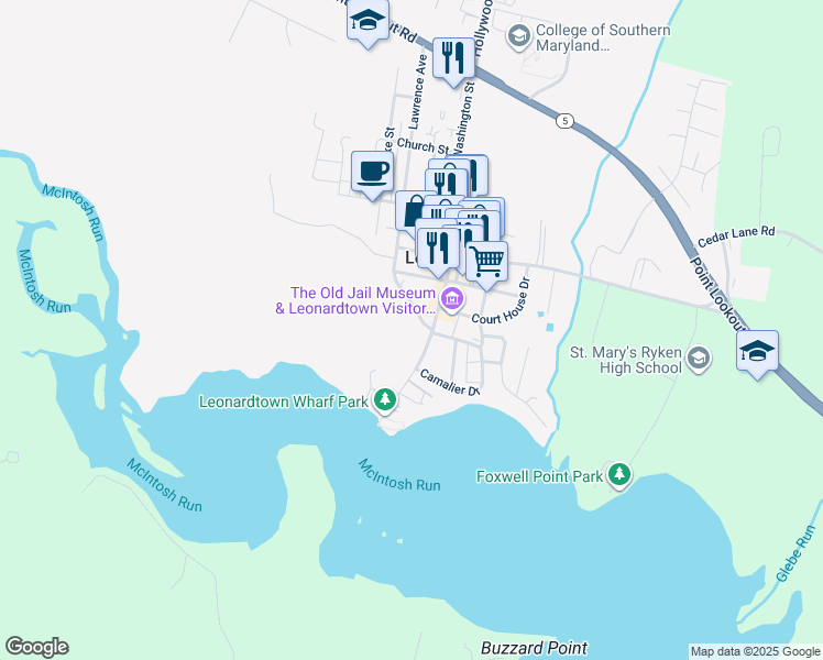 map of restaurants, bars, coffee shops, grocery stores, and more near 22615 Washington Street in Leonardtown