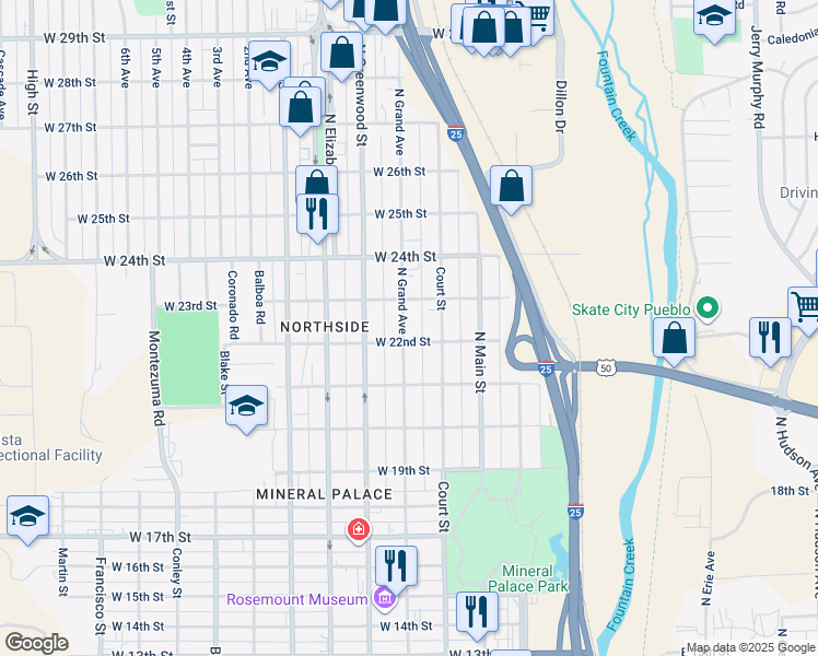 map of restaurants, bars, coffee shops, grocery stores, and more near 2222 North Grand Avenue in Pueblo