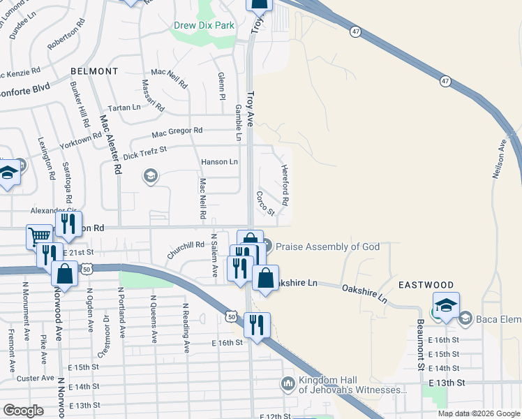 map of restaurants, bars, coffee shops, grocery stores, and more near Corco Street in Pueblo