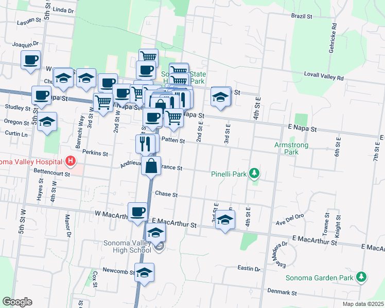 map of restaurants, bars, coffee shops, grocery stores, and more near 656 Austin Avenue in Sonoma