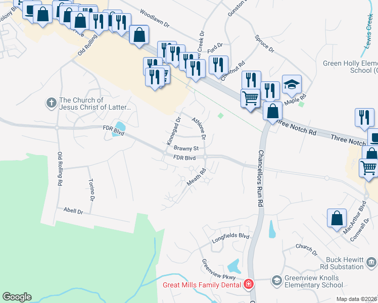 map of restaurants, bars, coffee shops, grocery stores, and more near 45511 Brawny Street in Great Mills