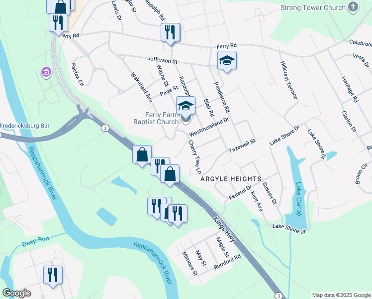 map of restaurants, bars, coffee shops, grocery stores, and more near 10 Westmoreland Place in Fredericksburg