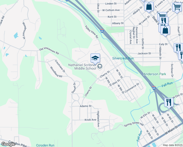 map of restaurants, bars, coffee shops, grocery stores, and more near 910 Old Vincennes Road in New Albany