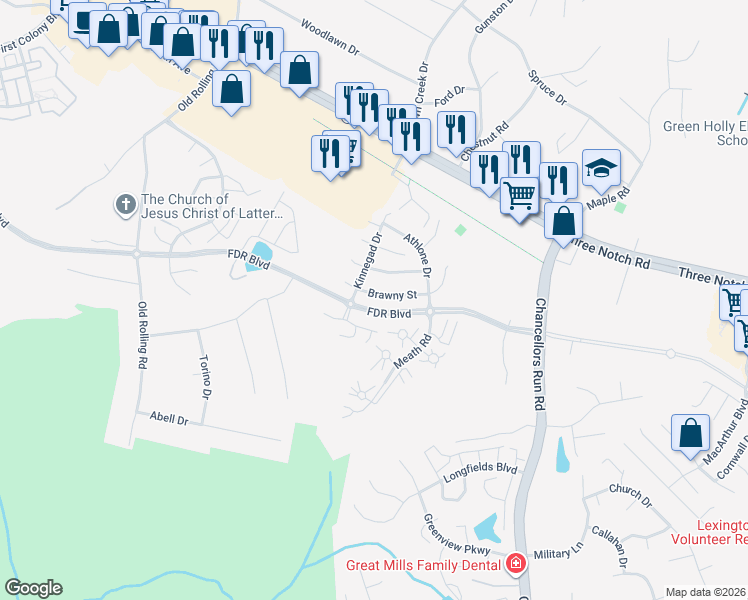 map of restaurants, bars, coffee shops, grocery stores, and more near 45495 Brawny Street in Great Mills