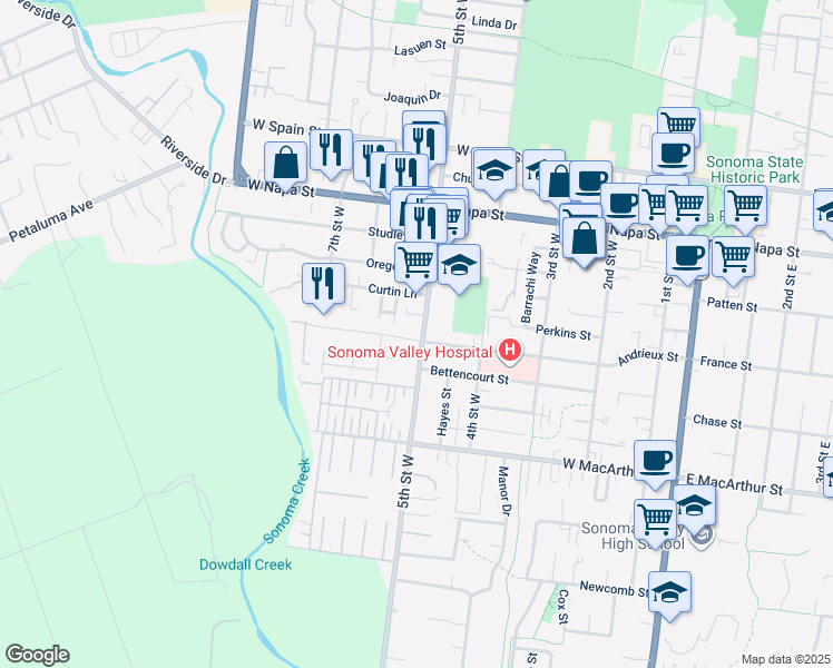 map of restaurants, bars, coffee shops, grocery stores, and more near 508 Andrieux Street in Sonoma